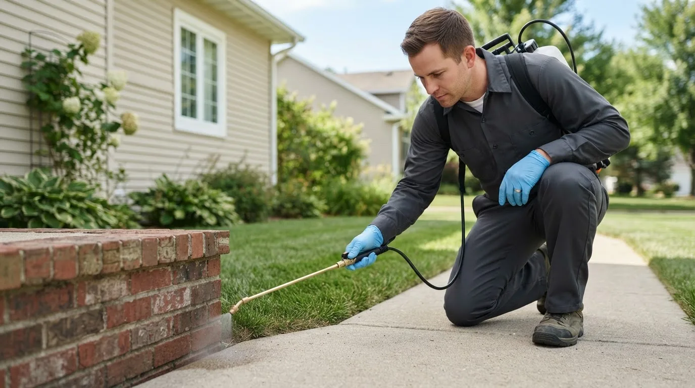 Pest control technician treating a home near West Liberty, IA