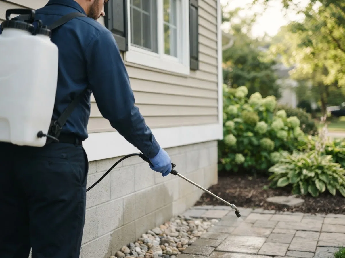 Pest control technician inspecting a home in West Liberty, IA